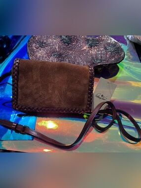 NWT Patricia Nash Penley Cognac Brown Suede Braided Trim Crossbody Bag